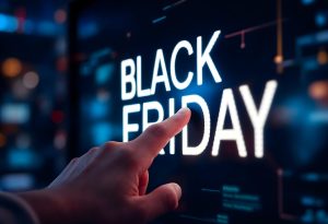 Imagem promocional da Black Friday com fundo escuro, elementos gráficos em vermelho e amarelo, remetendo a tecnologia.