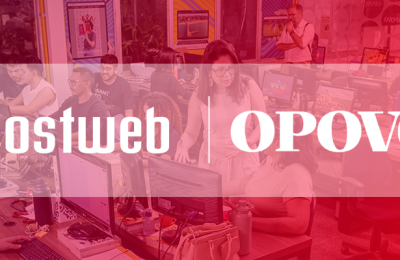 Banner com profissionais na redação do jornal O Povo, representando a parceria com a Hostweb e a transformação digital com soluções de nuvem segura, backup automatizado e proteção contra ransomware.